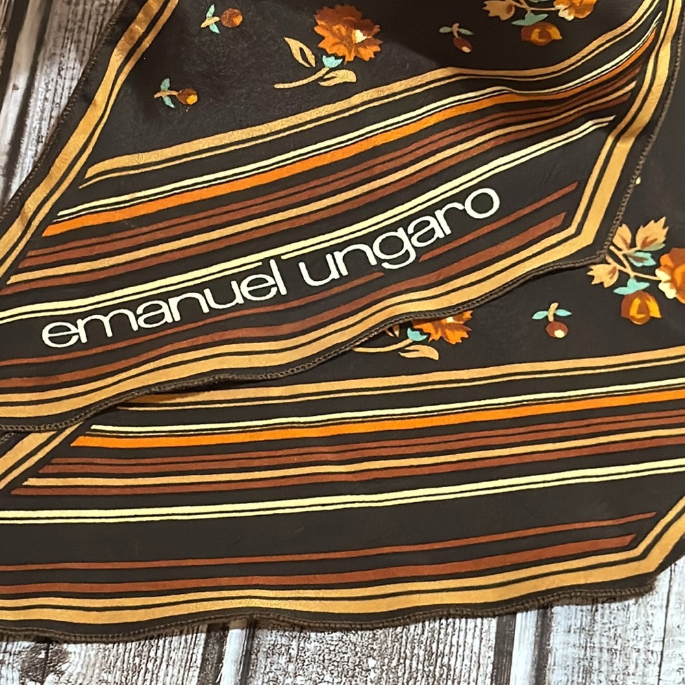 Emanuel Ungaro Silk Vintage Brown Flowers Stripes Lovely 60’s 70’s Skinny Scarf - Picture 4 of 13